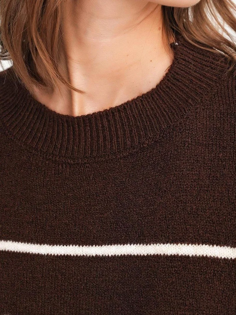 Mixray Coffee Brown Striped Crew Neck Relaxed Knit Pullover Sweater for Women | Best Price UAE