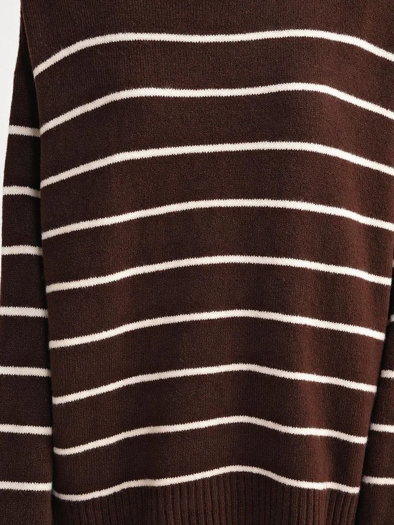 Mixray Coffee Brown Striped Crew Neck Relaxed Knit Pullover Sweater for Women | Best Price UAE