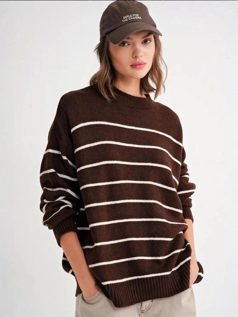 Mixray Coffee Brown Striped Crew Neck Relaxed Knit Pullover Sweater for Women | Best Price UAE