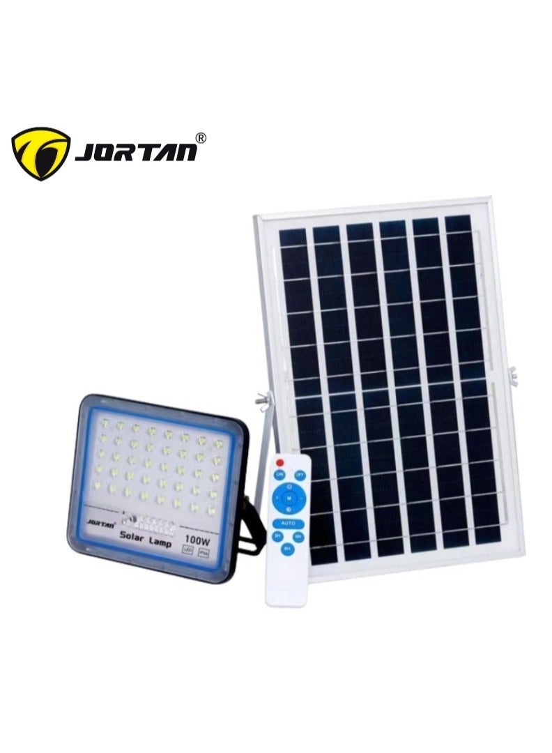 JORTAN 100W Outdoor Solar LED Flood Light, Metal Body with 12000mAh Battery, IP66 Waterproof, Automatic Dusk to Dawn Sensor, Remote Control, 8W Solar Panel, High Brightness Security Light - Image 1