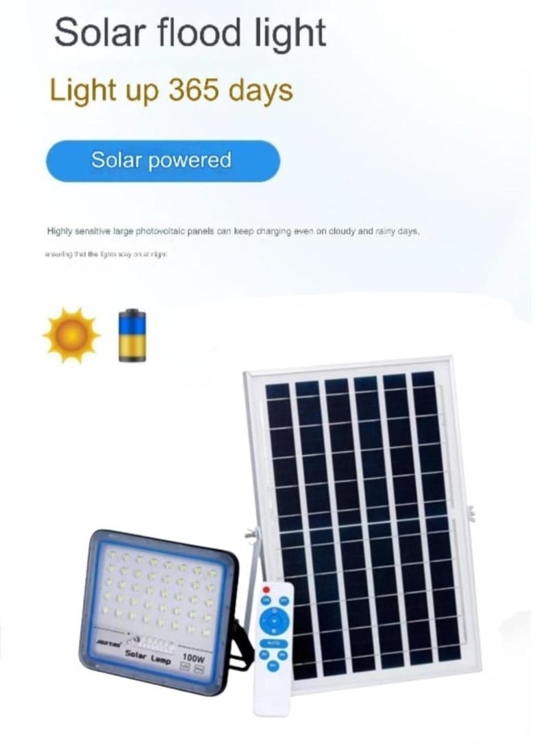 JORTAN 100W Outdoor Solar LED Flood Light, Metal Body with 12000mAh Battery, IP66 Waterproof, Automatic Dusk to Dawn Sensor, Remote Control, 8W Solar Panel, High Brightness Security Light - Image 2