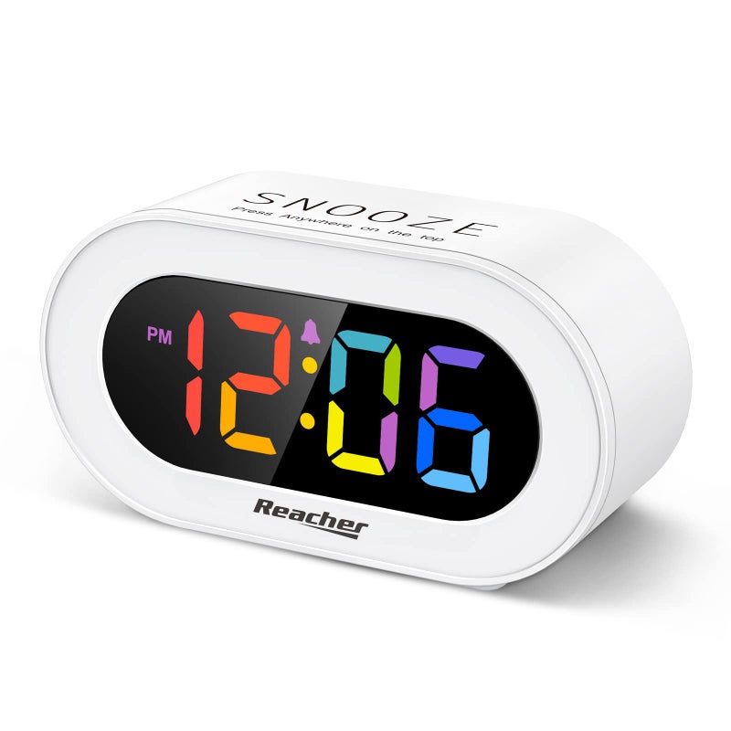 REACHER Small Colorful LED Digital Alarm Clock with Snooze, Simple to Operate, Full Range Brightness Dimmer, Adjustable Alarm Volume, Outlet Powered Compact Clock for Bedrooms, Bedside, Desk, Shelf - Image 1