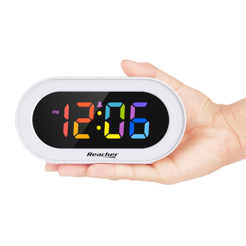 REACHER Small Colorful LED Digital Alarm Clock with Snooze, Simple to Operate, Full Range Brightness Dimmer, Adjustable Alarm Volume, Outlet Powered Compact Clock for Bedrooms, Bedside, Desk, Shelf - Image 2