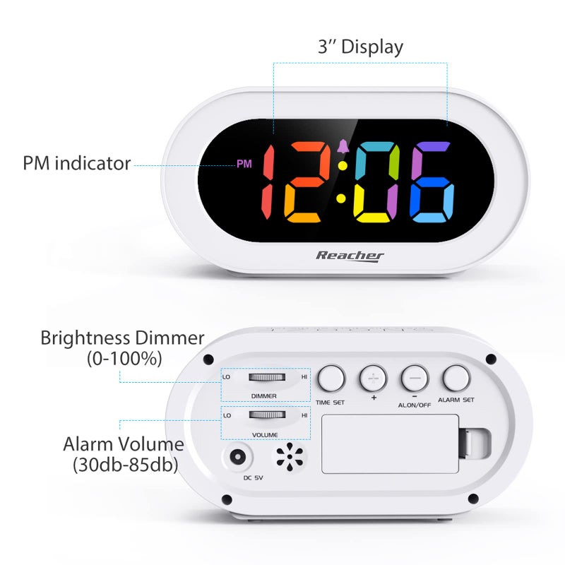 REACHER Small Colorful LED Digital Alarm Clock with Snooze, Simple to Operate, Full Range Brightness Dimmer, Adjustable Alarm Volume, Outlet Powered Compact Clock for Bedrooms, Bedside, Desk, Shelf - Image 4