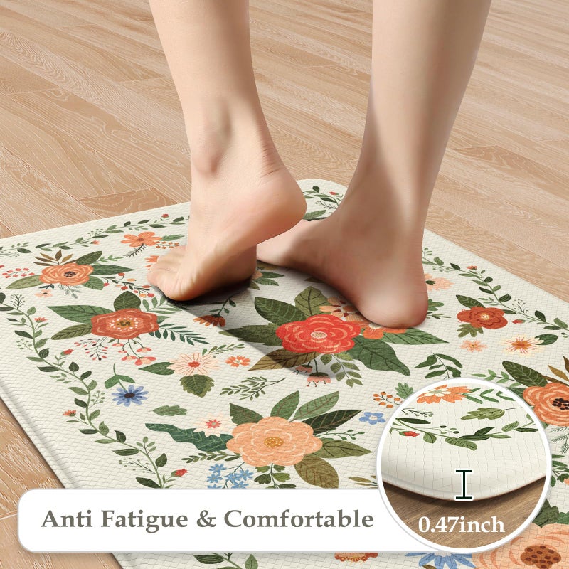 KIMODE Kitchen Mats for Floor Anti Fatigue, White Floral Rugs for Kitchen Floor, Padded Kitchen Floor Mats, Cushioned Kitchen Mats for Floor 2 Piece for Laundry Office Sink Desk 17"x47"+17"x29" - Image 3