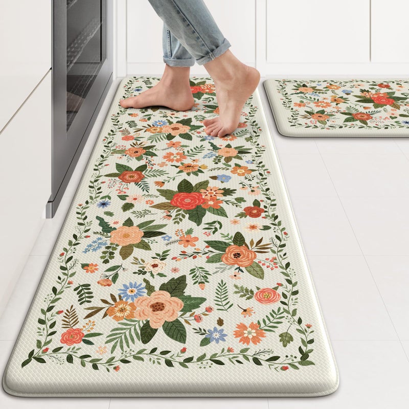 KIMODE Kitchen Mats for Floor Anti Fatigue, White Floral Rugs for Kitchen Floor, Padded Kitchen Floor Mats, Cushioned Kitchen Mats for Floor 2 Piece for Laundry Office Sink Desk 17"x47"+17"x29" - Image 1