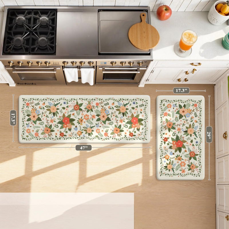 KIMODE Kitchen Mats for Floor Anti Fatigue, White Floral Rugs for Kitchen Floor, Padded Kitchen Floor Mats, Cushioned Kitchen Mats for Floor 2 Piece for Laundry Office Sink Desk 17"x47"+17"x29" - Image 2