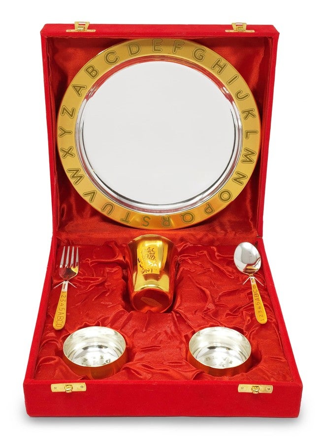 BENGALEN Gold Plated Dinner Set with Red Velvet Gift Box for Baby Rice Ceremony Annaprashan Sanskar Gifts for Boys Girls Birthday Return Festive Home Decorative Items - Image 1