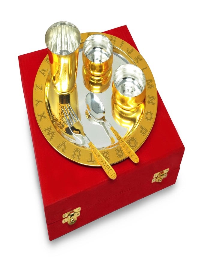 BENGALEN Gold Plated Dinner Set with Red Velvet Gift Box for Baby Rice Ceremony Annaprashan Sanskar Gifts for Boys Girls Birthday Return Festive Home Decorative Items - Image 5