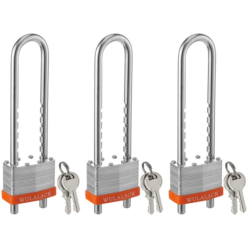 WULALACK Locks with Keys, WULALACK 2 inch Wide Laminated Steel Keyed Padlock with Adjustable Shackle, Long Padlocks with Same Key,3 Pack - Image 1