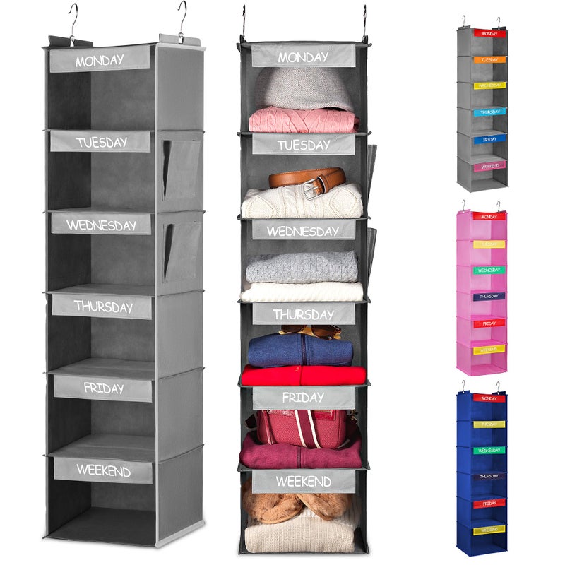 Handy Laundry Hanging Clothes Organizer for Kids - 6-Shelf Closet Daily Clothing Organization Labeled Shelves with Days of The Week Monday Through Friday, Weekday and Weekend (Grey) - Image 1