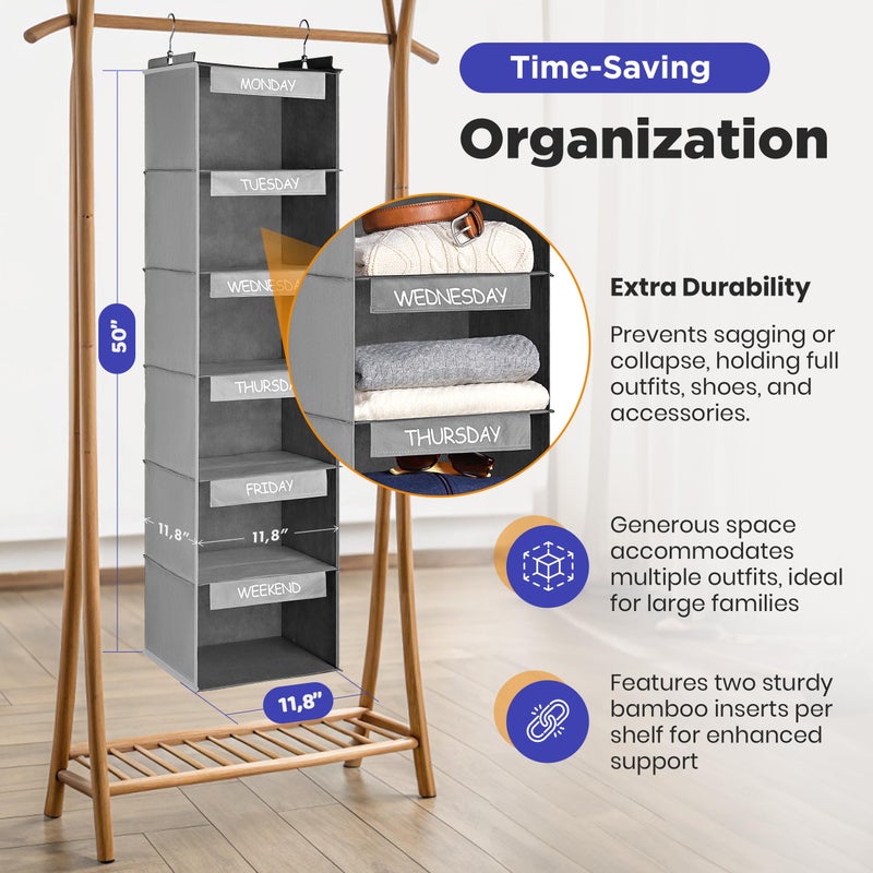 Handy Laundry Hanging Clothes Organizer for Kids - 6-Shelf Closet Daily Clothing Organization Labeled Shelves with Days of The Week Monday Through Friday, Weekday and Weekend (Grey) - Image 2