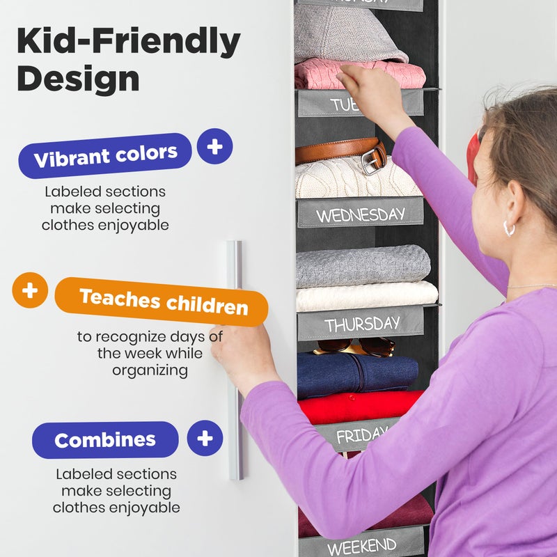 Handy Laundry Hanging Clothes Organizer for Kids - 6-Shelf Closet Daily Clothing Organization Labeled Shelves with Days of The Week Monday Through Friday, Weekday and Weekend (Grey) - Image 4