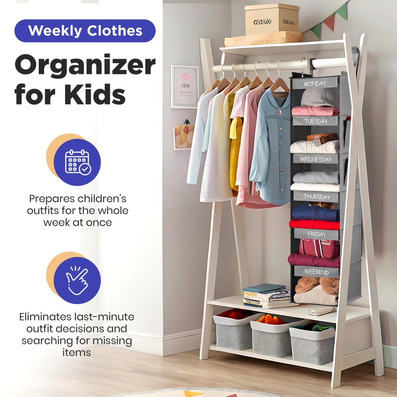 Handy Laundry Hanging Clothes Organizer for Kids - 6-Shelf Closet Daily Clothing Organization Labeled Shelves with Days of The Week Monday Through Friday, Weekday and Weekend (Grey) - Image 3