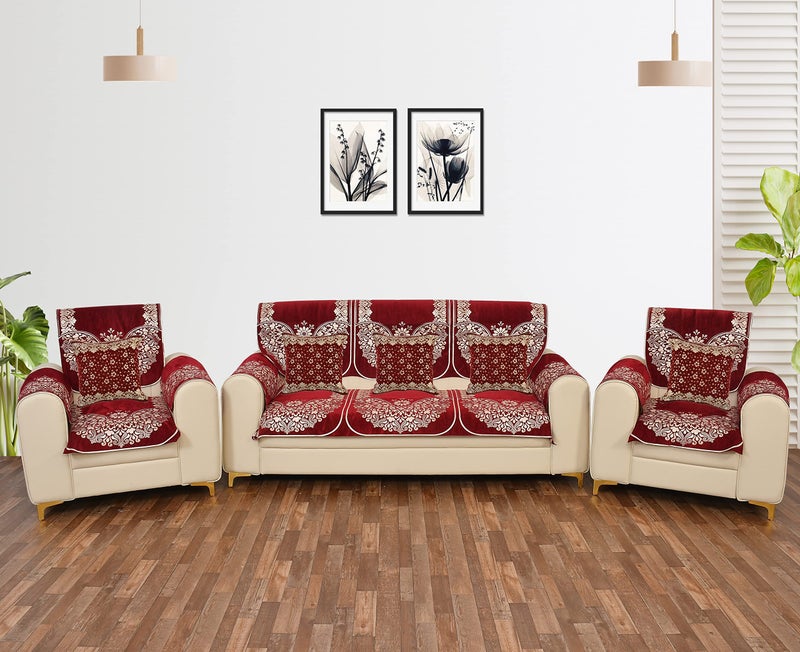 Dazzling DECOR Set of 5 Seater Sofa Cover (3+1+1) with Armrest & Cushion Covers – Premium Stretchable Fabric, Anti-Slip, Soft & Washable Couch Cover for Living Room (Maroon) - Image 1