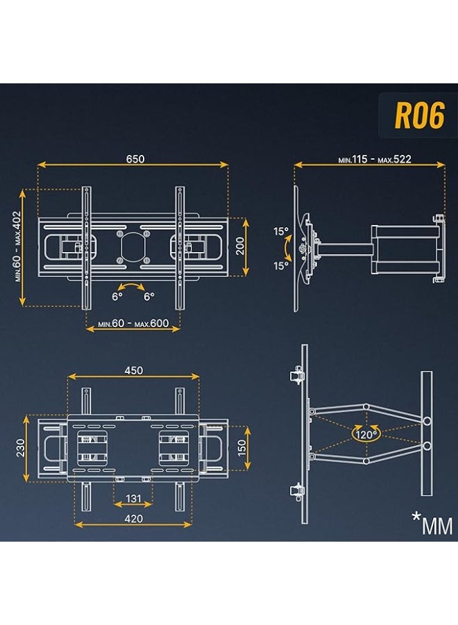 TV Wall Mount PT-4000  32-75 Inches (100-190 cm) TV Bracket Swivel Tilting Universal TV Stand VESA 300 x 200 – 600 x 400 cm Black - Image 4