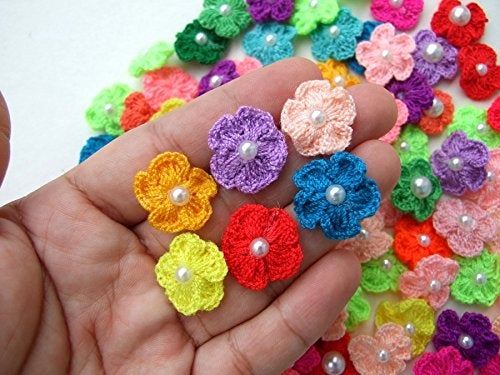 ICRAFY 's Brand 20 Pcs. Assorted Tiny Crochet Flower with Pearl Fabric Cotton Satin Craft Sewing Appliques DIY Diameter 12 mm. - Image 2