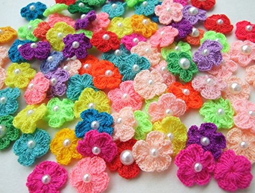 ICRAFY 's Brand 20 Pcs. Assorted Tiny Crochet Flower with Pearl Fabric Cotton Satin Craft Sewing Appliques DIY Diameter 12 mm. - Image 4
