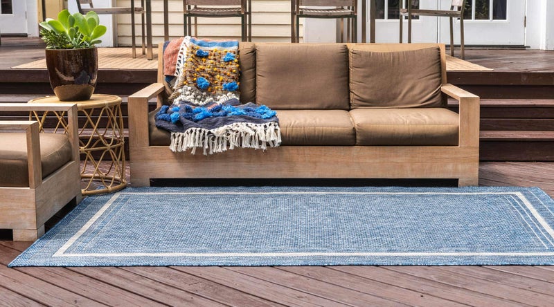 Unique Loom Outdoor Border Collection Area Rug - Soft Border (6' 1" x 9' Rectangle, Blue/ Ivory) - Image 3