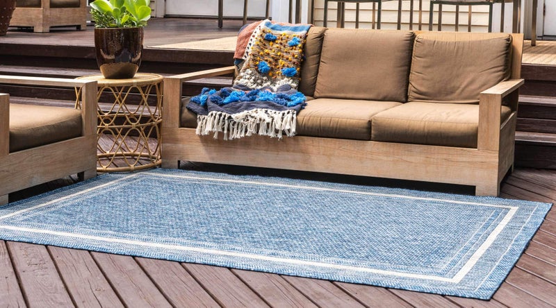 Unique Loom Outdoor Border Collection Area Rug - Soft Border (6' 1" x 9' Rectangle, Blue/ Ivory) - Image 2
