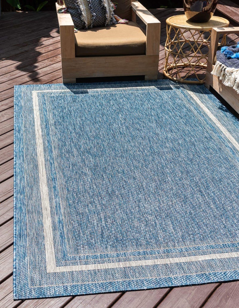 Unique Loom Outdoor Border Collection Area Rug - Soft Border (6' 1" x 9' Rectangle, Blue/ Ivory) - Image 1
