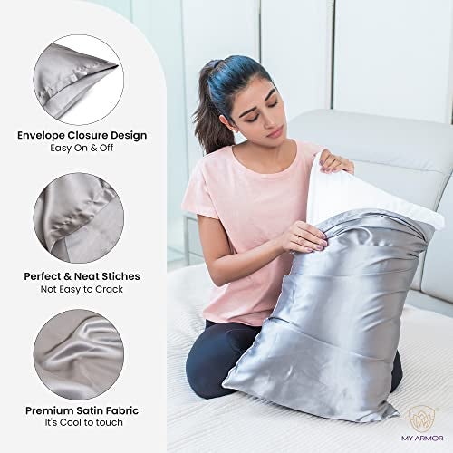 MY ARMOR Satin Pillow Covers for Hair | Anti-Frizz & Anti-Wrinkle Silk Pillow Cover for Hair & Skin | Gentle Cooling Fabric, 20x30 Inches | Zipper Closure | Pack of 2, Grey - Image 5