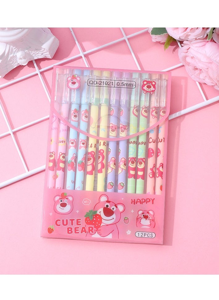Generic - 12 Pieces Of Cute Family Erasable Straight Neutral Pen Ins Girl Feng Shui Pen High Value Gift Pen Stationery (Strawberry Bear-0.5mm Blue Refill) - Image 1
