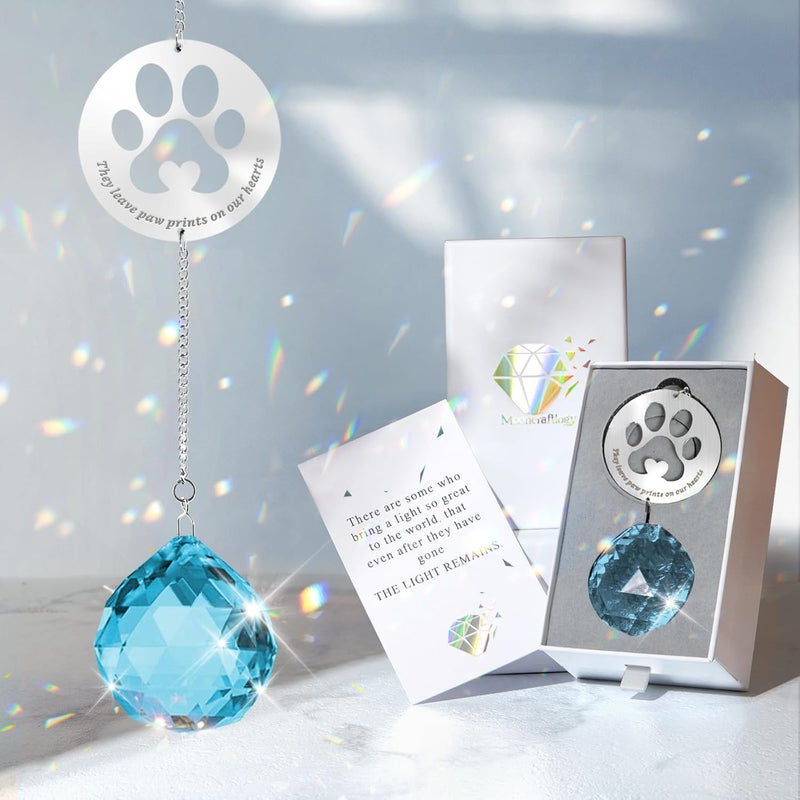 Mooncraftlogy Dog Memorial Gifts, Unique Pet Loss Sympathy Gift Idea, Paw Print Clear Sky Blue Ball Window Suncatcher, Rainbow Prisms Grief Gift Box for Loss of Pet Dog Cat - Image 1