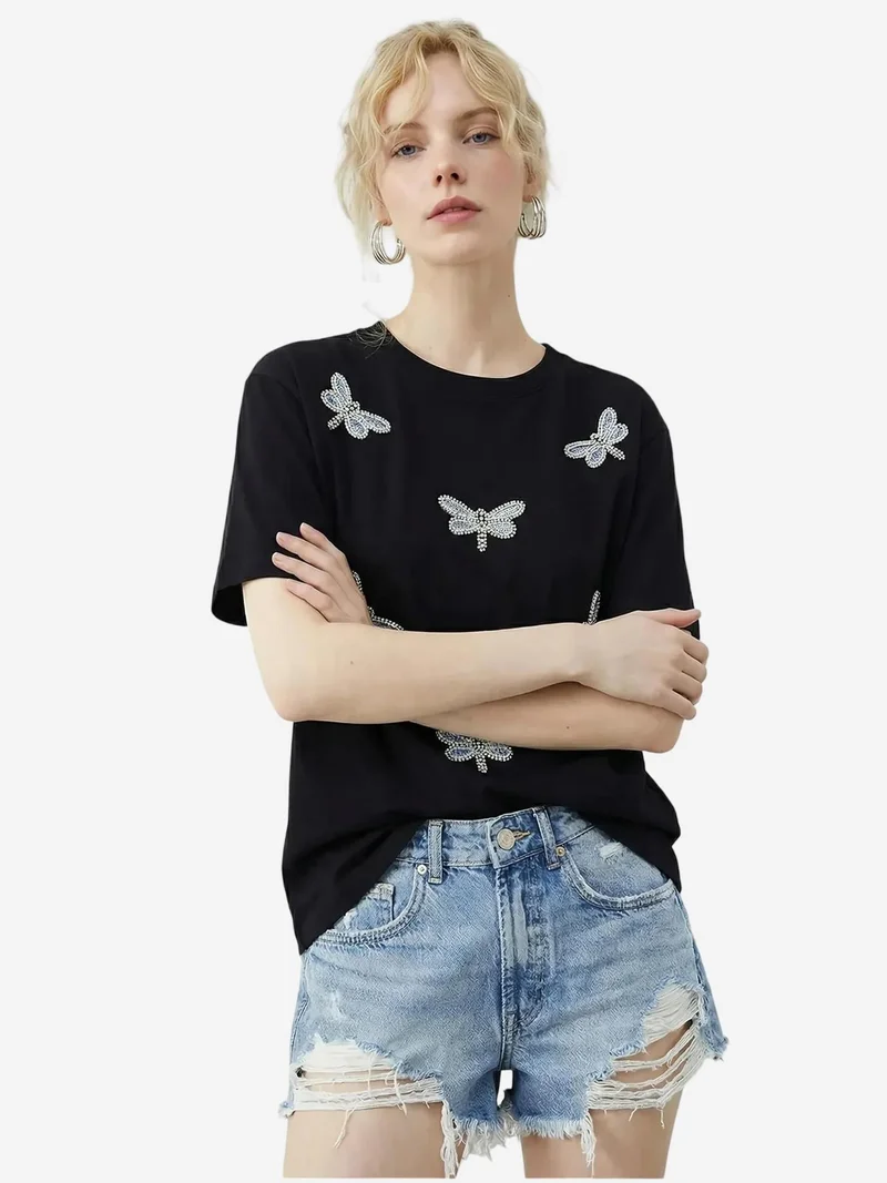 Bianco Lucci LUCCI Embroidered Crew Neck Relaxed Fit T-Shirt