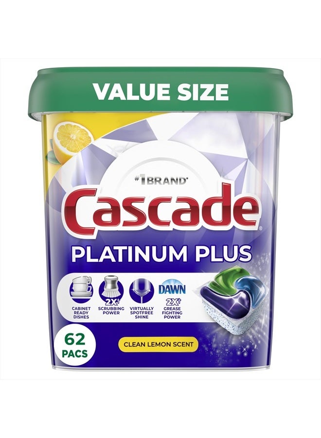 Cascade Platinum Plus Dishwasher Pods, Dish Detergent ActionPacs, Clean Lemon, 62 Count  - Image 1