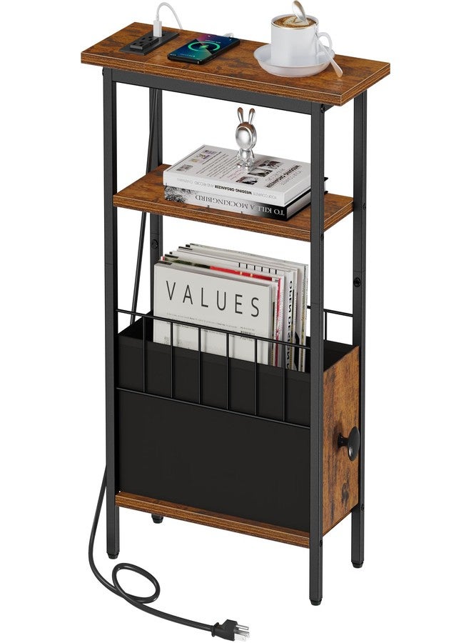 Snughome Narrow Side Table with Charging Station, Slim End Table for Small Spaces, 3 Tier Skinny Nightstand with Drawer, Sofa Beside Table with Storage Shelf for Living Room Bedroom - Image 1