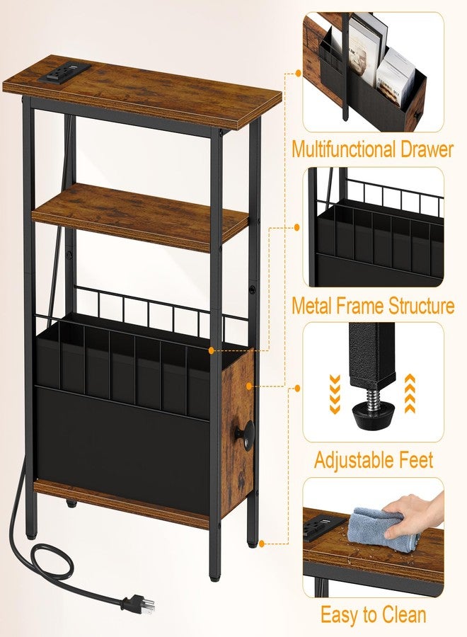 Snughome Narrow Side Table with Charging Station, Slim End Table for Small Spaces, 3 Tier Skinny Nightstand with Drawer, Sofa Beside Table with Storage Shelf for Living Room Bedroom - Image 4