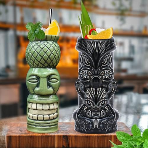 LINALL Tiki Mugs Cocktail Set of 4 - Large Ceramic Hawaiian Party Mugs Drinkware, Cute Exotic Cocktail Glasses, Tiki Bar Professional Hawaiian Party Barware, TKSET0012 (4 pack) - Image 5