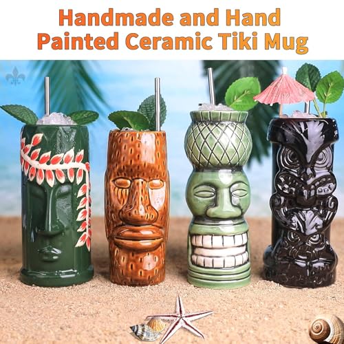 LINALL Tiki Mugs Cocktail Set of 4 - Large Ceramic Hawaiian Party Mugs Drinkware, Cute Exotic Cocktail Glasses, Tiki Bar Professional Hawaiian Party Barware, TKSET0012 (4 pack) - Image 4