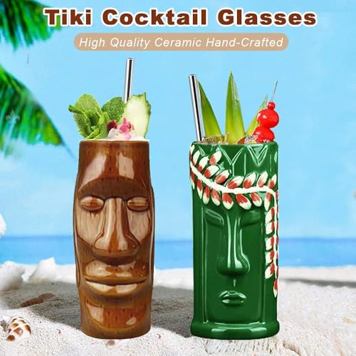 LINALL Tiki Mugs Cocktail Set of 4 - Large Ceramic Hawaiian Party Mugs Drinkware, Cute Exotic Cocktail Glasses, Tiki Bar Professional Hawaiian Party Barware, TKSET0012 (4 pack) - Image 3