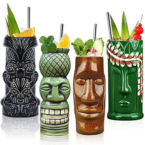 LINALL Tiki Mugs Cocktail Set of 4 - Large Ceramic Hawaiian Party Mugs Drinkware, Cute Exotic Cocktail Glasses, Tiki Bar Professional Hawaiian Party Barware, TKSET0012 (4 pack) - Image 1