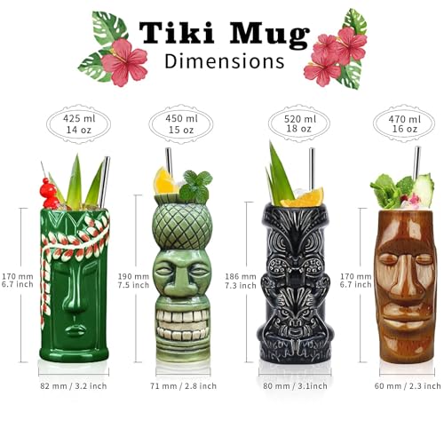 LINALL Tiki Mugs Cocktail Set of 4 - Large Ceramic Hawaiian Party Mugs Drinkware, Cute Exotic Cocktail Glasses, Tiki Bar Professional Hawaiian Party Barware, TKSET0012 (4 pack) - Image 2
