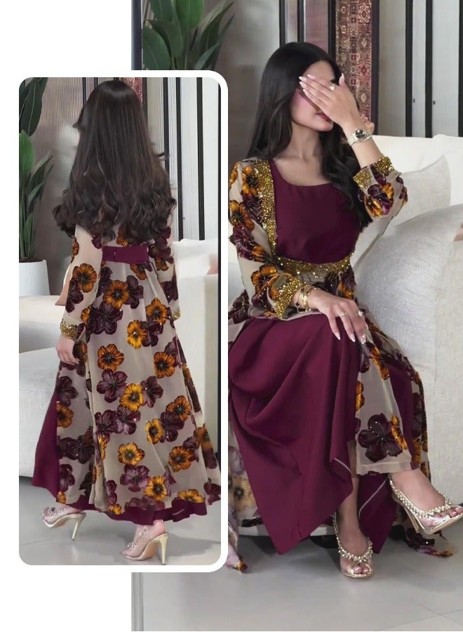A long women's dress with floral print, featuring a wine-colored lining as the base. This is an elegant and comfortable long dress that is suitable for various occasions.  - Image 2