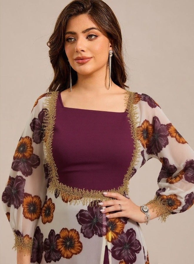 A long women's dress with floral print, featuring a wine-colored lining as the base. This is an elegant and comfortable long dress that is suitable for various occasions.  - Image 3