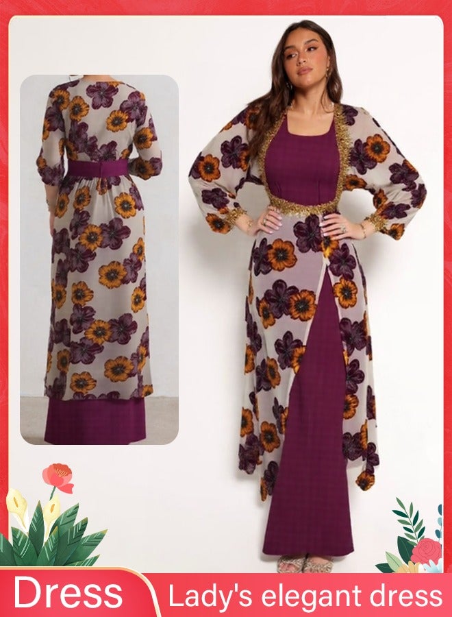 A long women's dress with floral print, featuring a wine-colored lining as the base. This is an elegant and comfortable long dress that is suitable for various occasions.  - Image 1