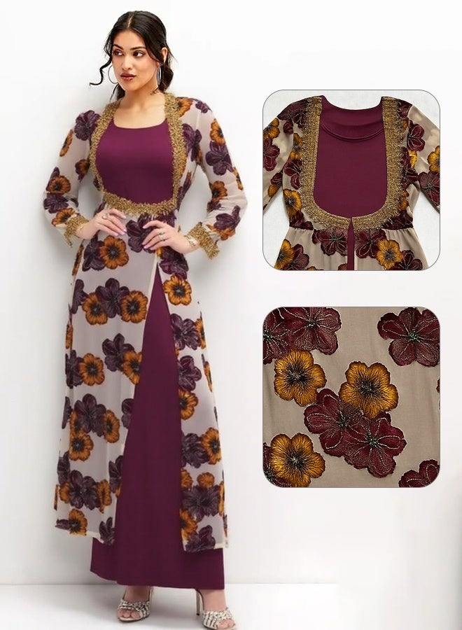 A long women's dress with floral print, featuring a wine-colored lining as the base. This is an elegant and comfortable long dress that is suitable for various occasions.  - Image 4