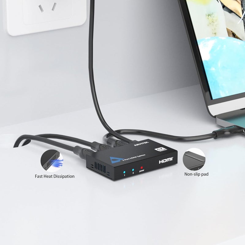 مقسم HDMI رفيع 4K 1x2، 1 مدخل و2 مخرج، مقسم HDMI من Arvitek بمنفذين لشاشة التلفزيون، موزع HDMI غير قابل للانزلاق لأجهزة PS4 وFire Stick وHDTV - Image 2