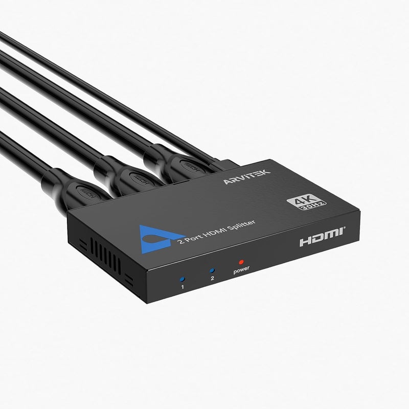 مقسم HDMI رفيع 4K 1x2، 1 مدخل و2 مخرج، مقسم HDMI من Arvitek بمنفذين لشاشة التلفزيون، موزع HDMI غير قابل للانزلاق لأجهزة PS4 وFire Stick وHDTV - Image 1