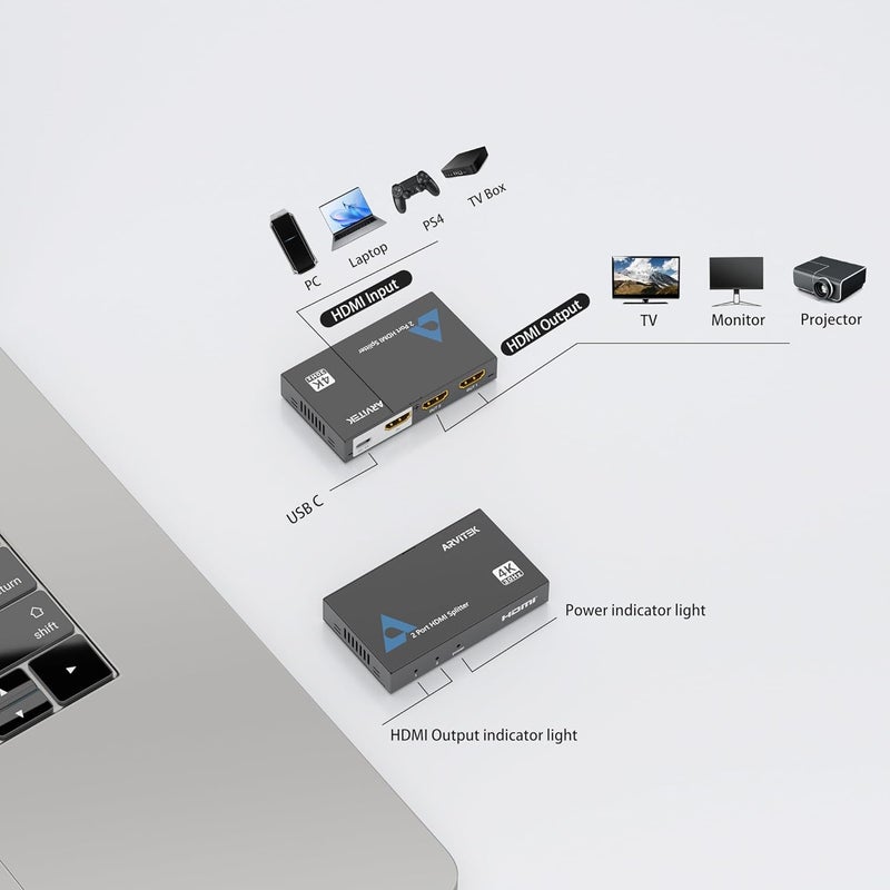 مقسم HDMI رفيع 4K 1x2، 1 مدخل و2 مخرج، مقسم HDMI من Arvitek بمنفذين لشاشة التلفزيون، موزع HDMI غير قابل للانزلاق لأجهزة PS4 وFire Stick وHDTV - Image 4