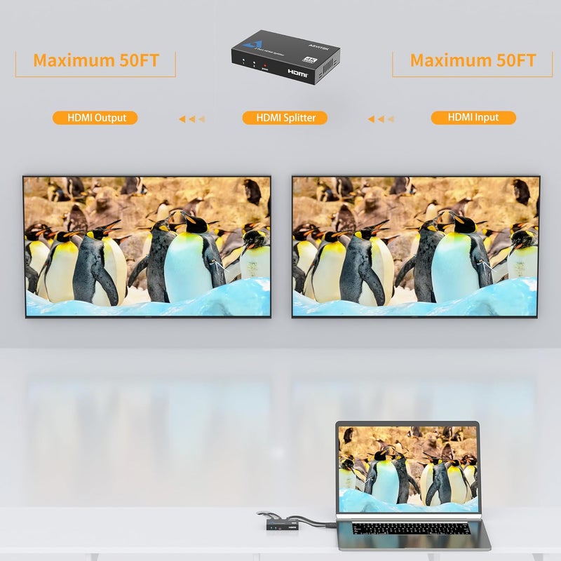 مقسم HDMI رفيع 4K 1x2، 1 مدخل و2 مخرج، مقسم HDMI من Arvitek بمنفذين لشاشة التلفزيون، موزع HDMI غير قابل للانزلاق لأجهزة PS4 وFire Stick وHDTV - Image 3