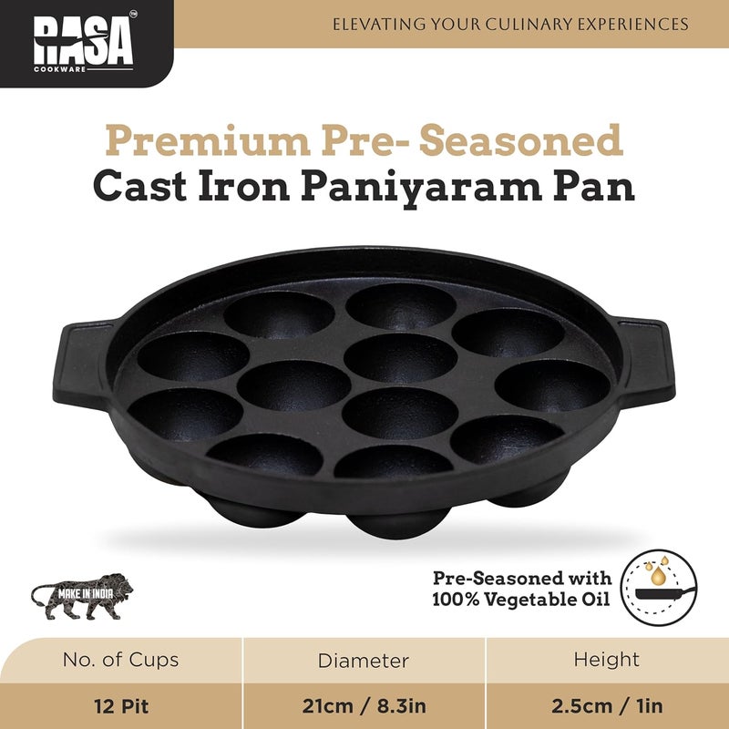 RASA Cookware Pre-Seasoned Cast Iron Paniyaram Pan | 12-Pit, 8.3 Inch/21 cm, 1.6 kg | 100% Natural & Toxin-Free | Nonstick Appe/Paddu Pan - Black - Image 2