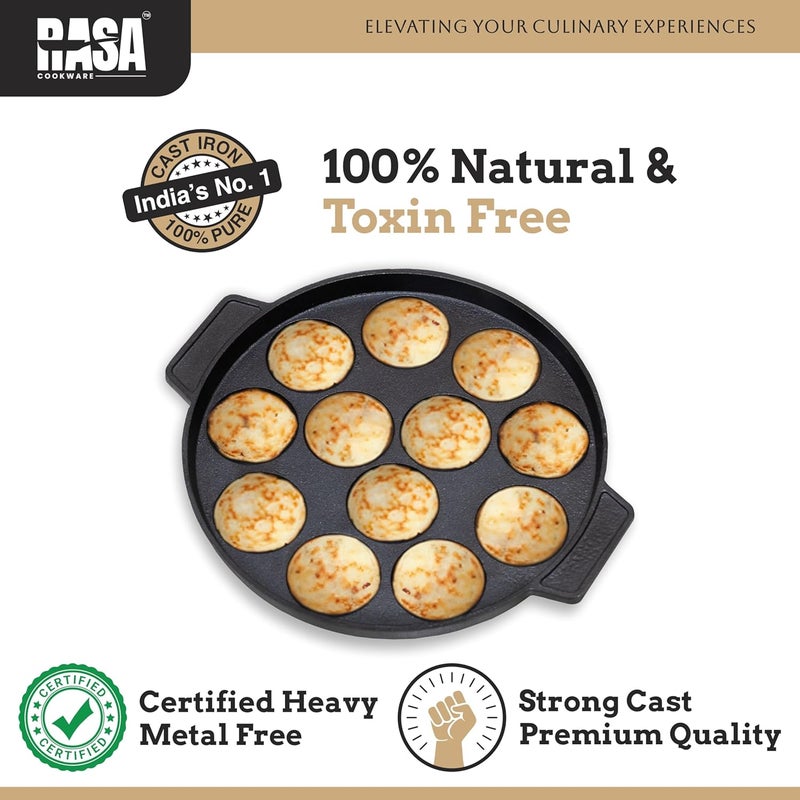 RASA Cookware Pre-Seasoned Cast Iron Paniyaram Pan | 12-Pit, 8.3 Inch/21 cm, 1.6 kg | 100% Natural & Toxin-Free | Nonstick Appe/Paddu Pan - Black - Image 4