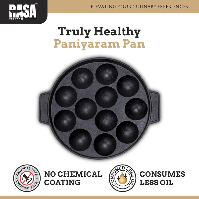 RASA Cookware Pre-Seasoned Cast Iron Paniyaram Pan | 12-Pit, 8.3 Inch/21 cm, 1.6 kg | 100% Natural & Toxin-Free | Nonstick Appe/Paddu Pan - Black - Image 3