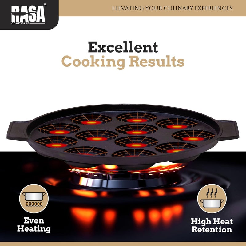 RASA Cookware Pre-Seasoned Cast Iron Paniyaram Pan | 12-Pit, 8.3 Inch/21 cm, 1.6 kg | 100% Natural & Toxin-Free | Nonstick Appe/Paddu Pan - Black - Image 5