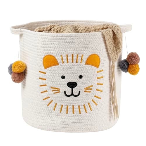 Inough Large Blanket Baskets for Living Room Decor Toy Storage Baskets Woven Cotton Rope Animal Storage Basket for Kids Dog Toys Organizer Clothes Hamper with Embroidery Decor for Nursery Large Lion - Image 1